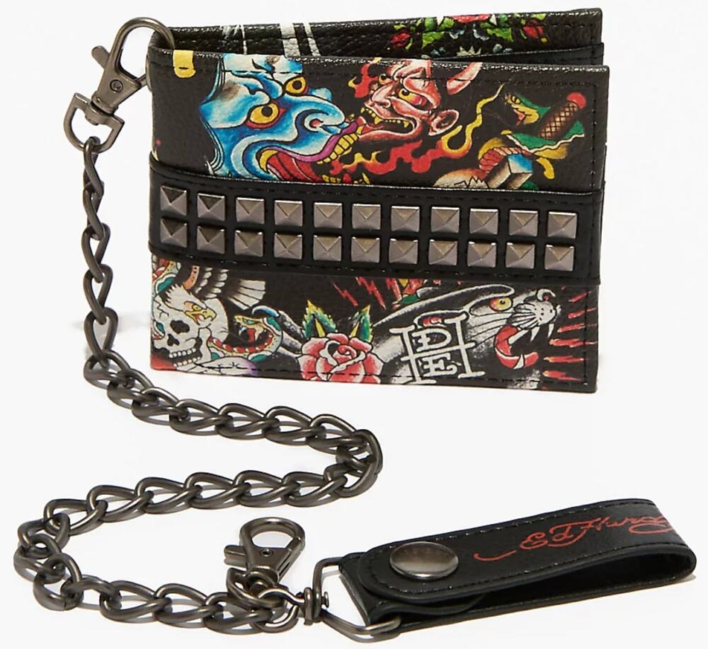 Ed Hardy Men's Pyramid Stud Biker Bifold Black Wallet With Removable Chain